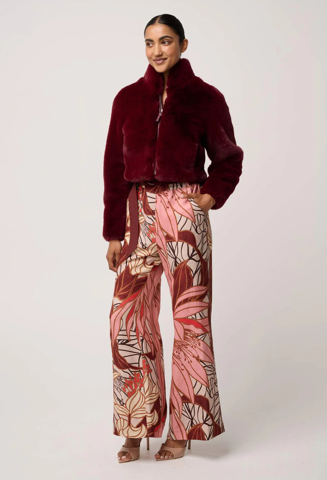 Dawn Faux Fur Cropped Jacket - Bordeaux