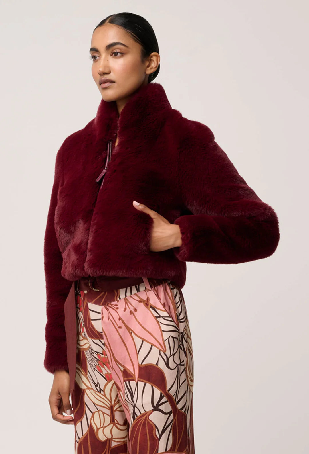 Dawn Faux Fur Cropped Jacket - Bordeaux