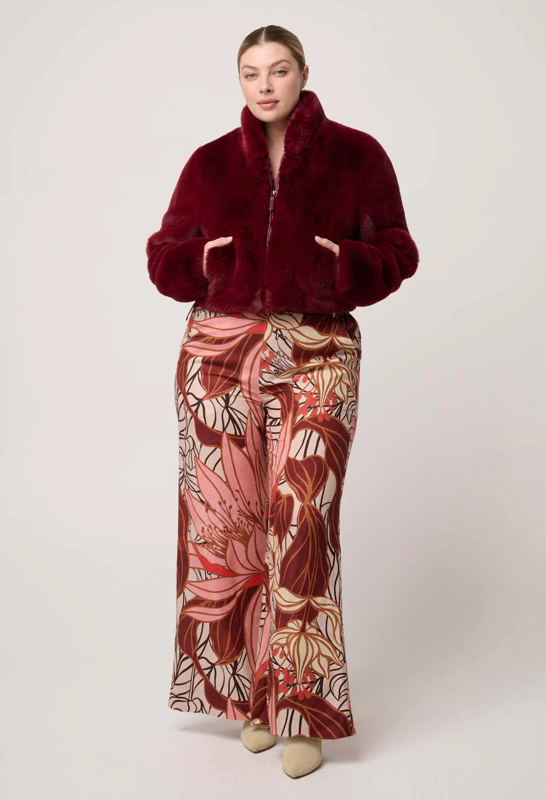 Dawn Faux Fur Cropped Jacket - Bordeaux