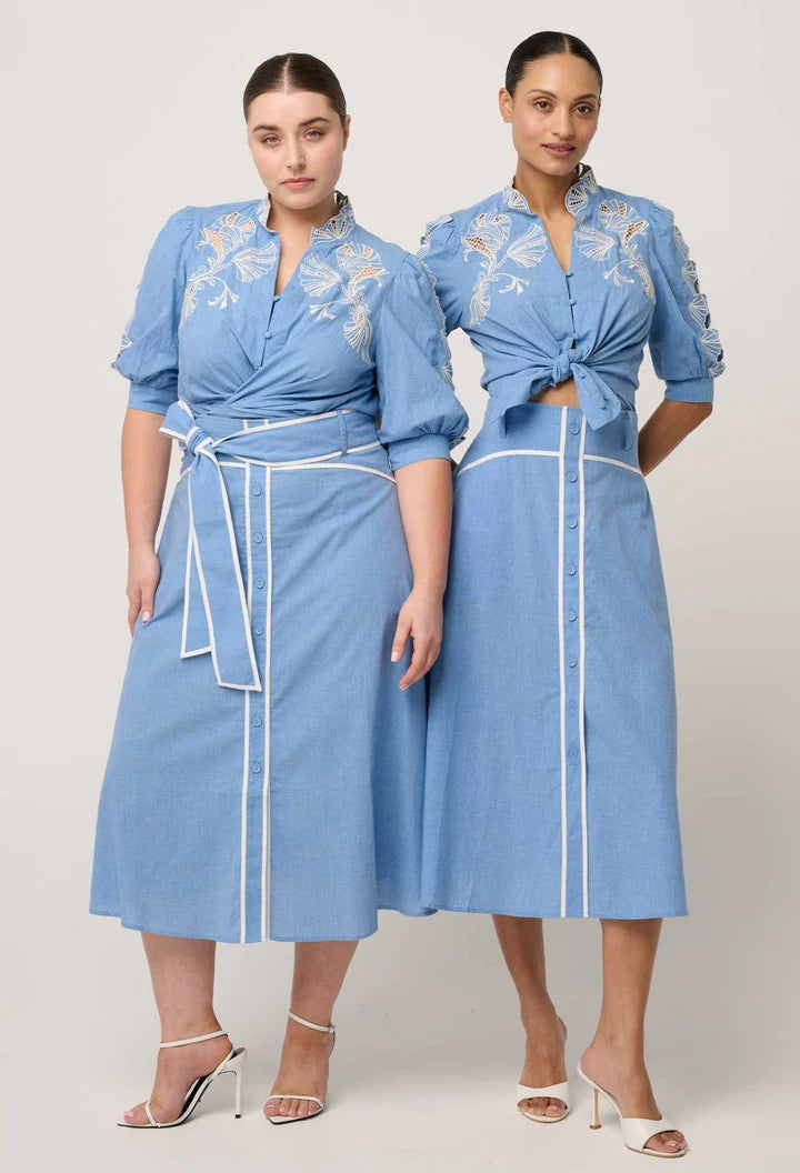 Selvia Cotton Chambray Skirt - Blue Chambray