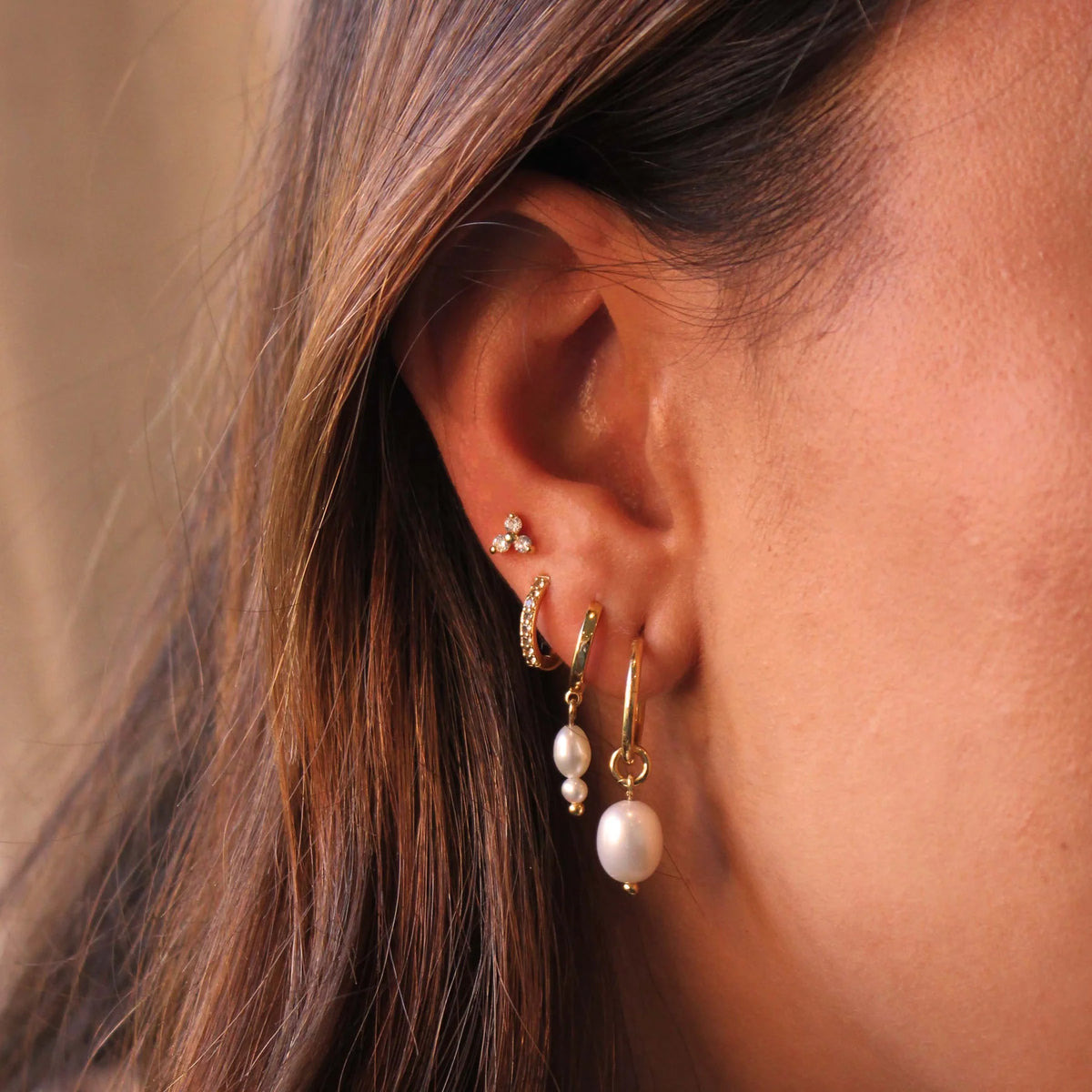 Double Pearl Huggies - Gold