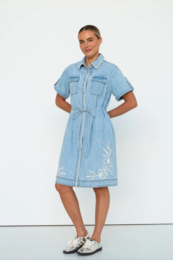 Simone Dress | Floral Embroidery - 70s Blue