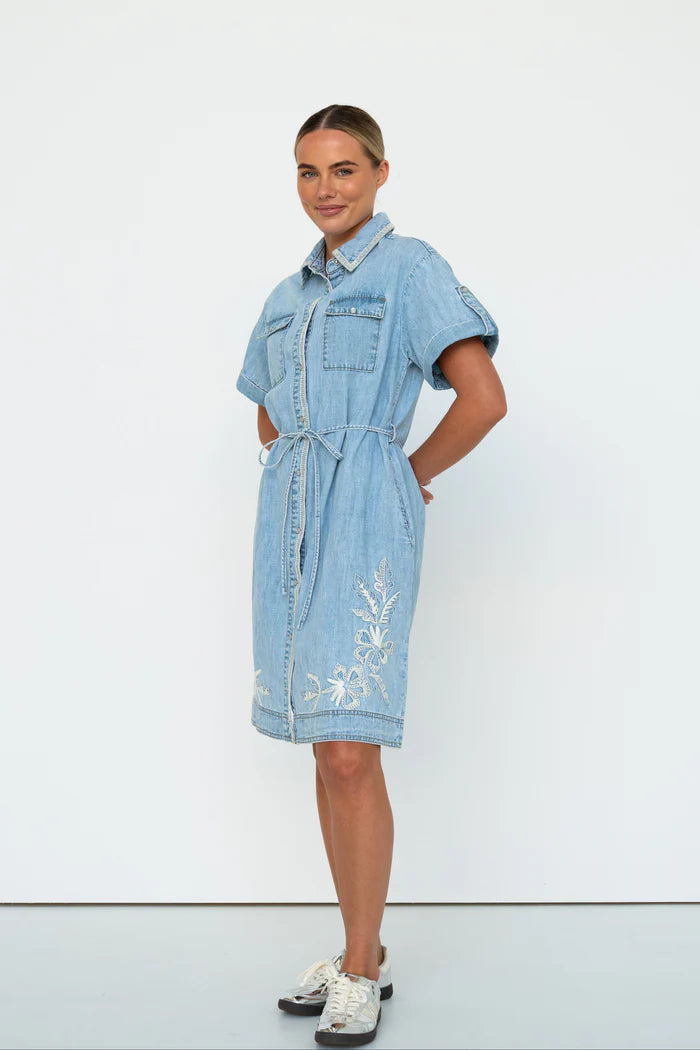 Simone Dress | Floral Embroidery - 70s Blue