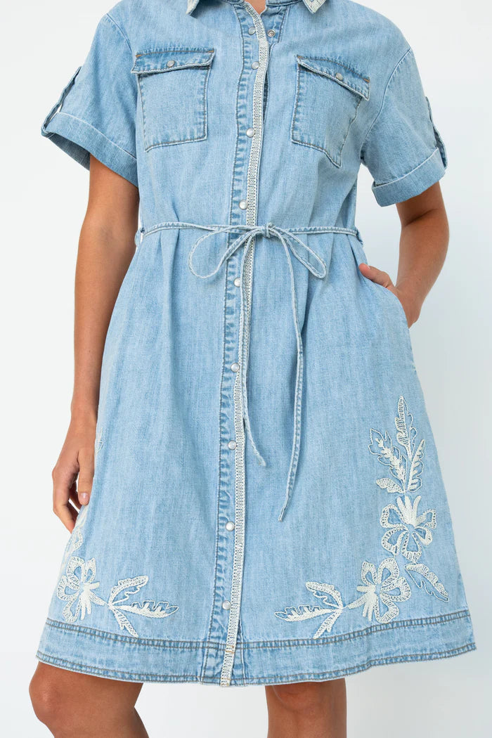 Simone Dress Floral Embroidery - 70s Blue
