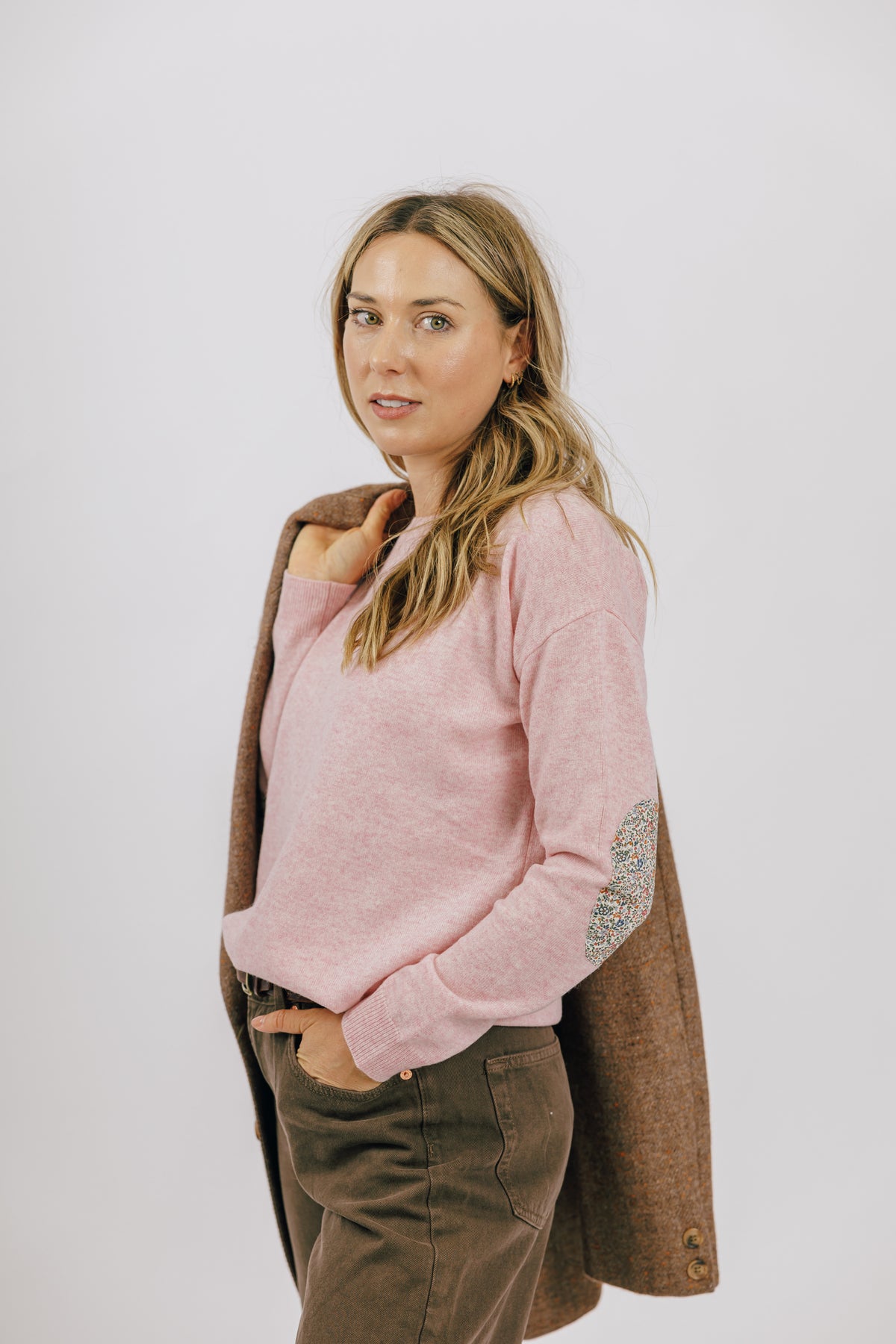 Swing Crew Knit w Liberty Patches - Pale Pink