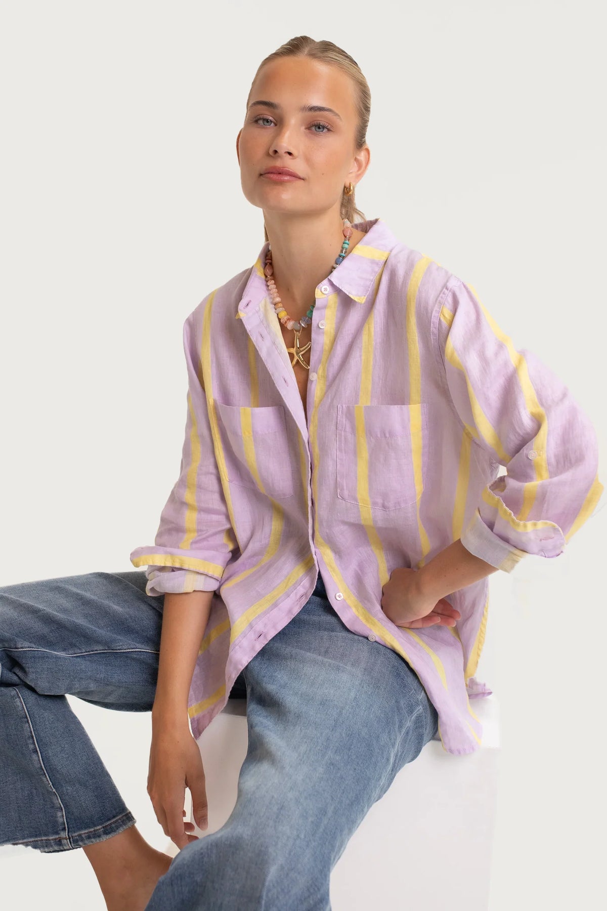Sunshine Mauve Stripe Boyfriend Linen Shirt