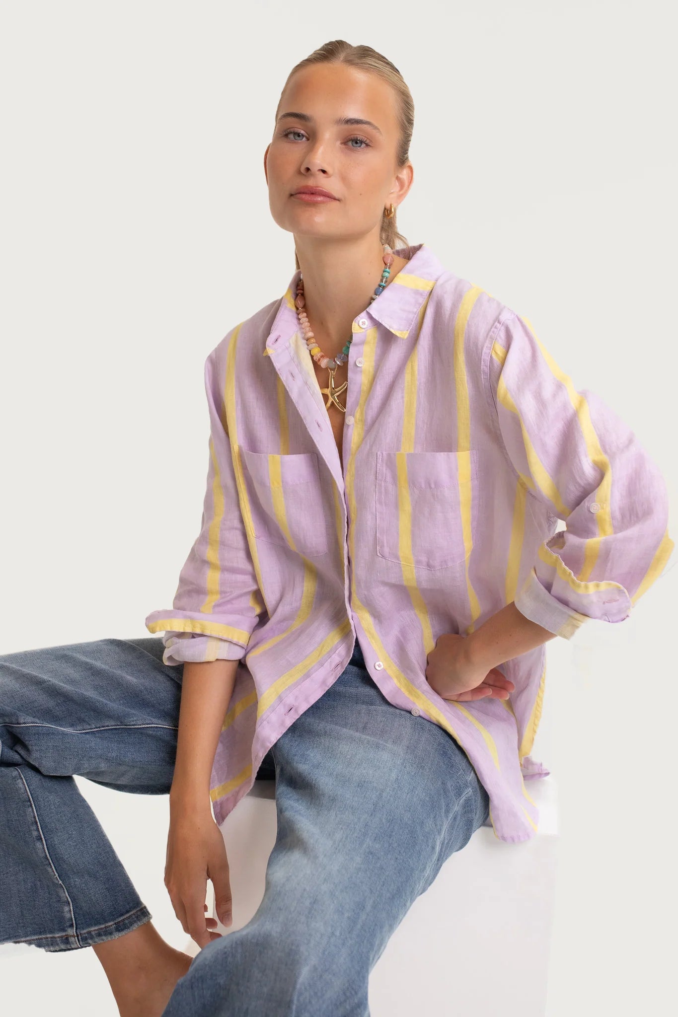 Sunshine Mauve Stripe Boyfriend Linen Shirt