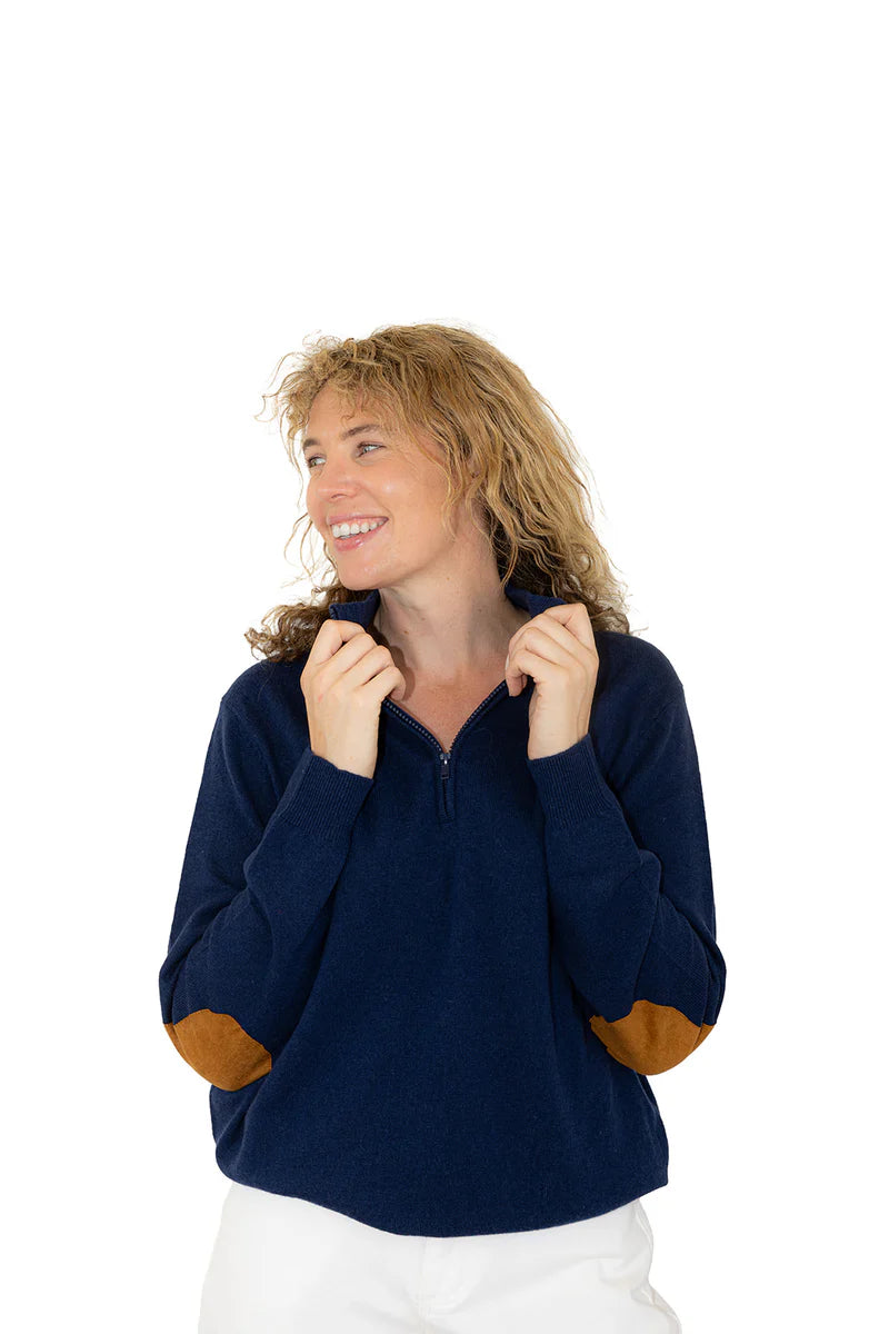 Zip Collar w Tan Elbow Patches - Ink Blue