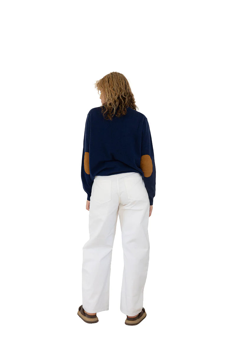 Zip Collar w Tan Elbow Patches - Ink Blue