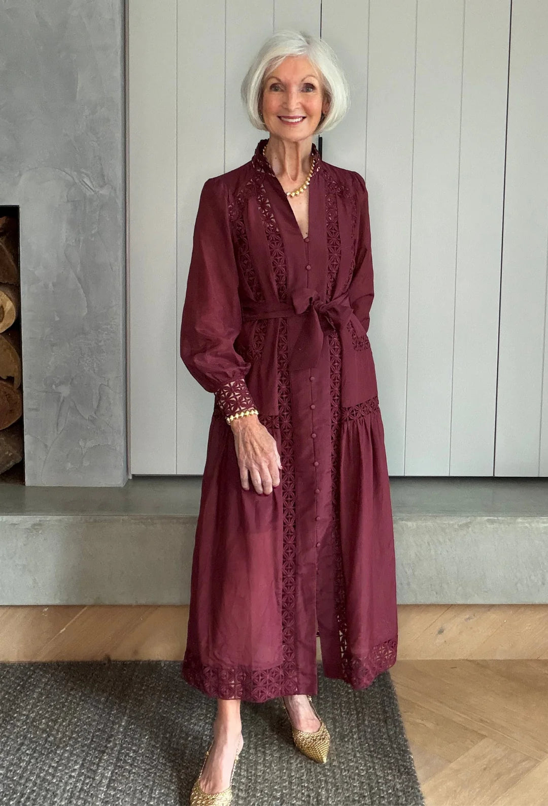 Cascadian Cotton Silk Lace Maxi Dress - Bordeaux