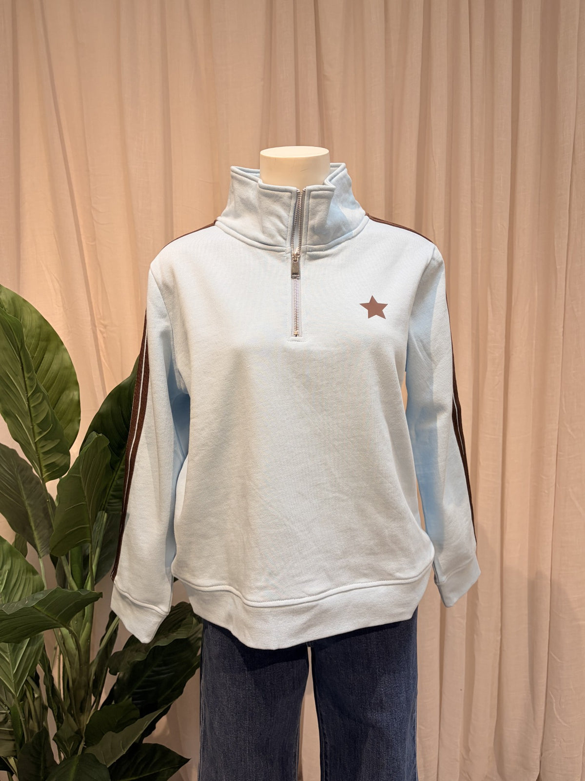 Funnel Neck Arm Stripe - Baby Blue/Choc Stripe