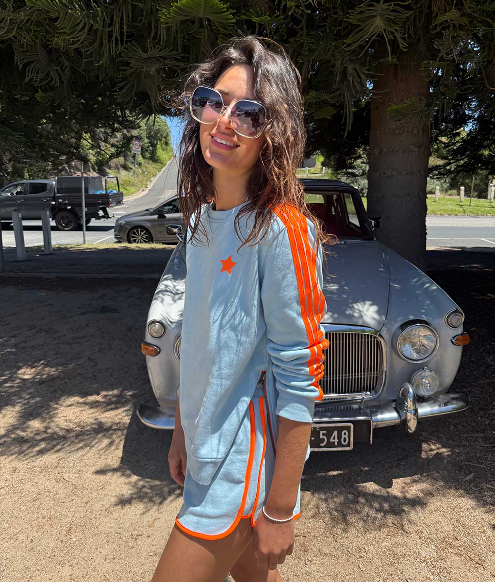 Arm Stripe Sweatshirt - Baby Blue / Orange