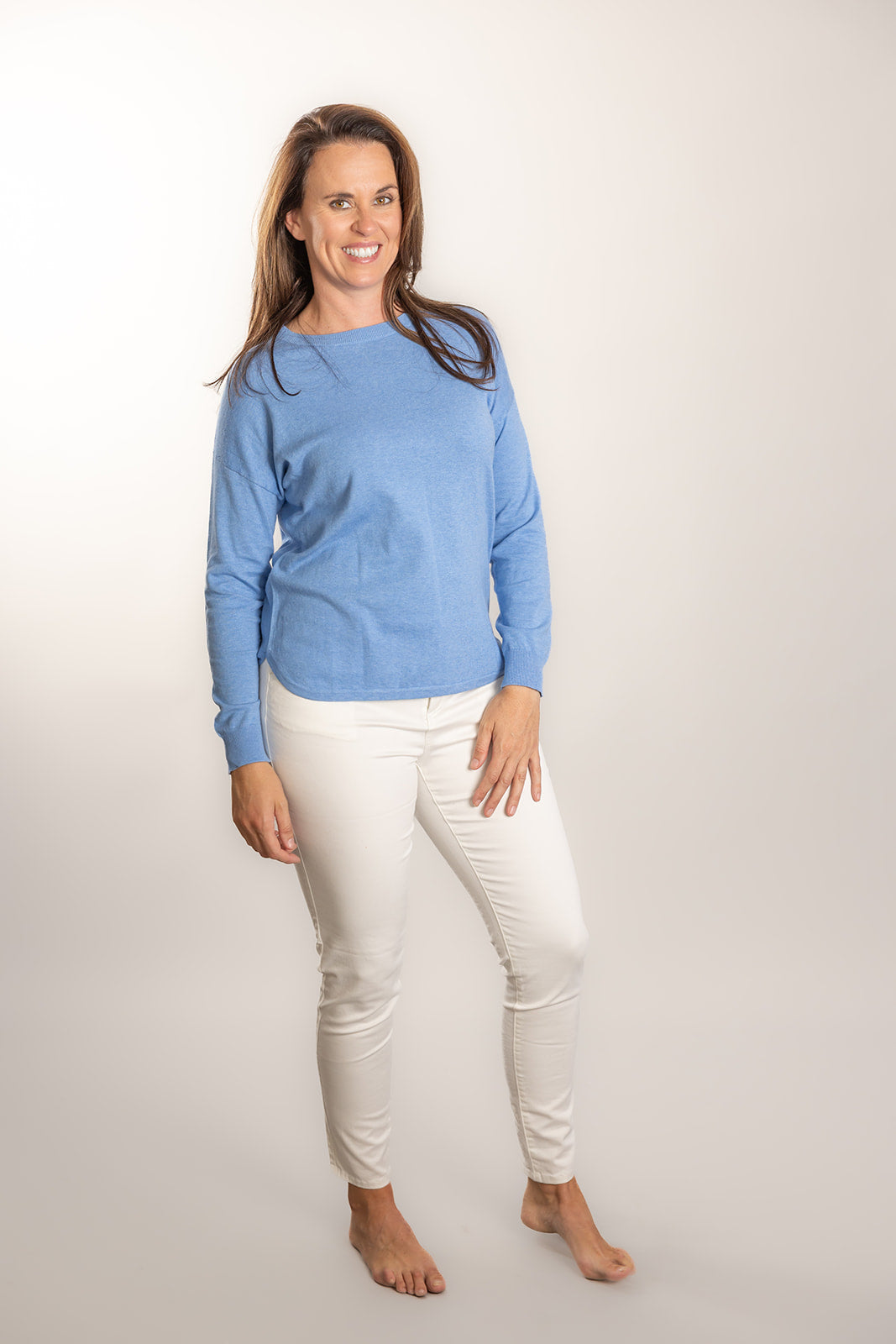 blue elbow patch knit jumper