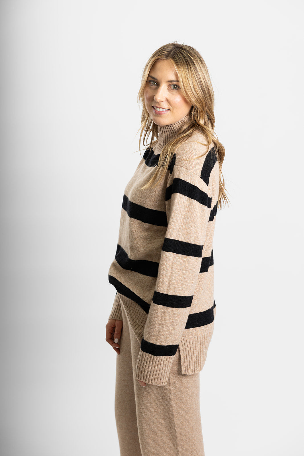 Polo Neck Stripe Knit - Camel/Black