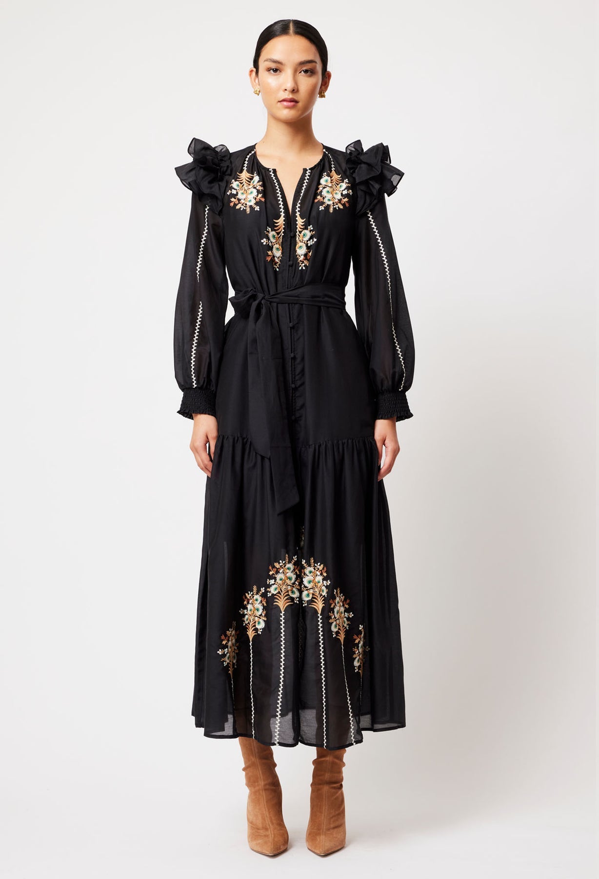 Aquila Cotton Silk Embroidered Dress - Black