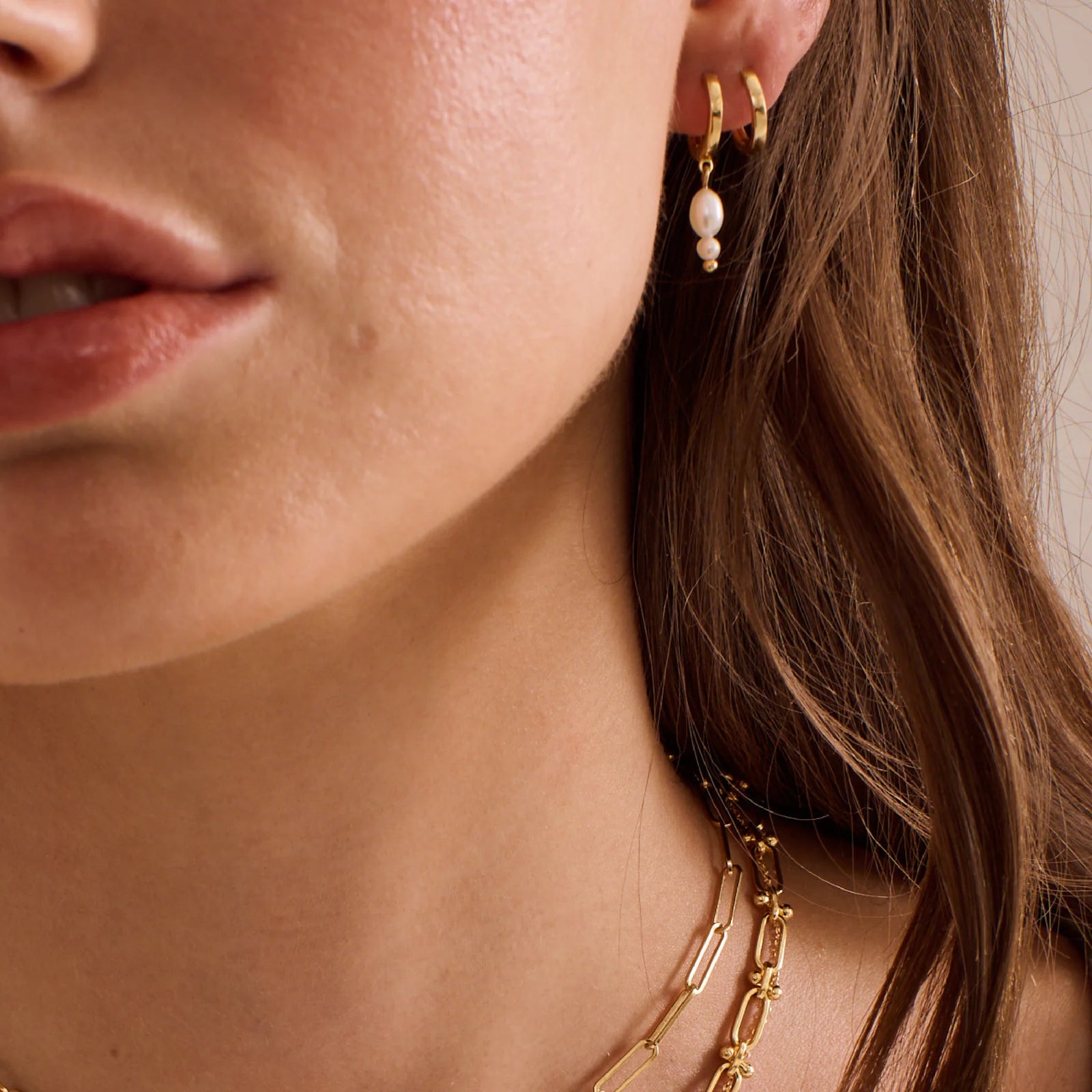 Double Pearl Huggies - Gold