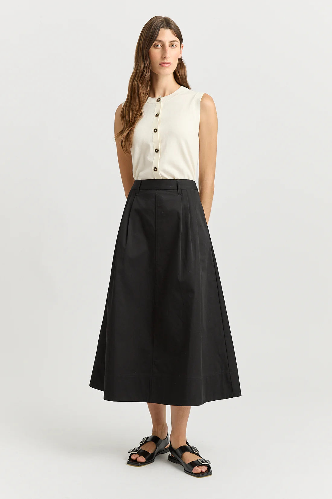 Pleat Detail Midi Skirt - Black
