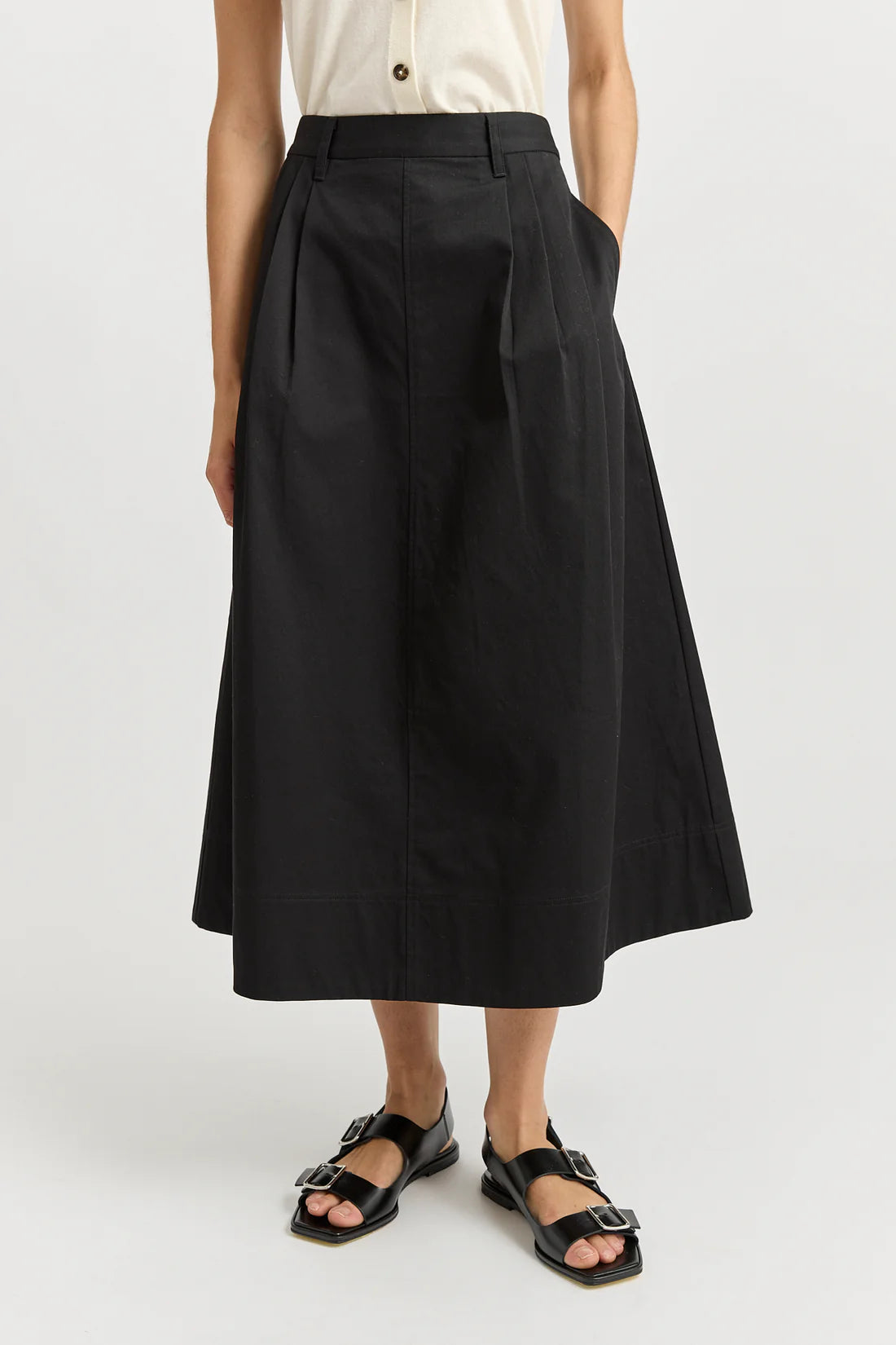 Pleat Detail Midi Skirt - Black