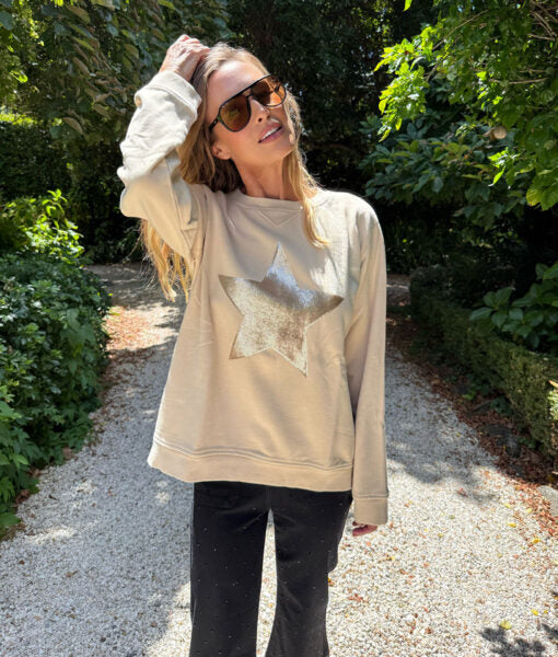 Sequin Star Sweatshirt - Beige