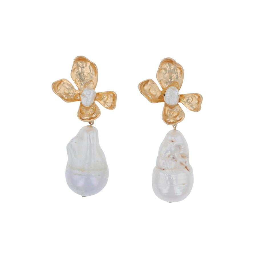 Flower Pearl Earrings - Gold