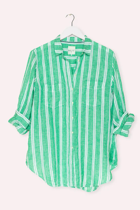 Hut Boyfriend Linen Shirt - Kelly Green Twin Stripe