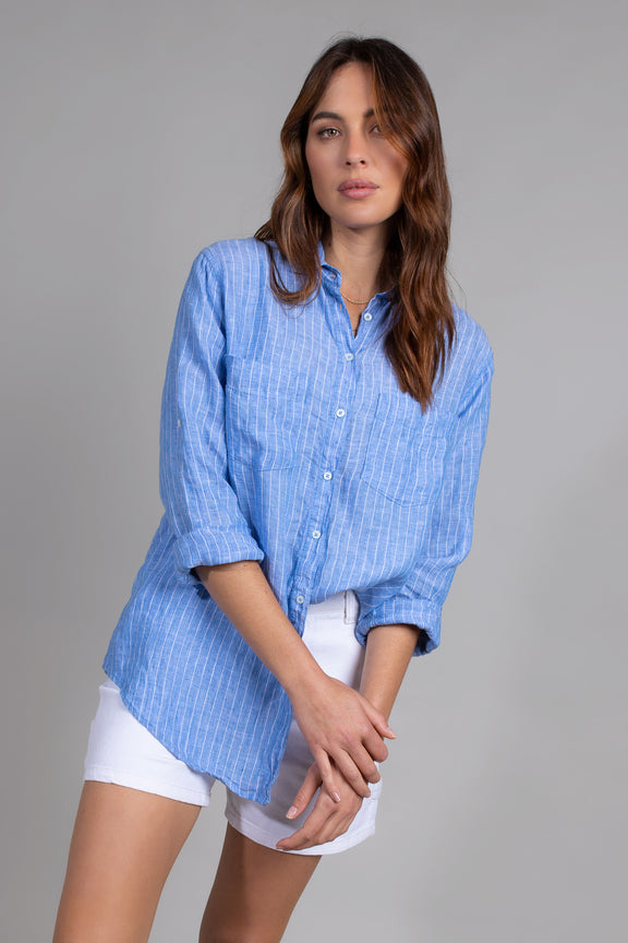 Hut Boyfriend Linen Shirt - Blue Chambray Pin Stripe