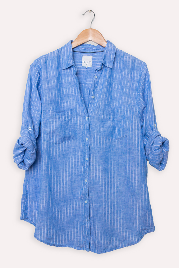 Hut Boyfriend Linen Shirt - Blue Chambray Pin Stripe