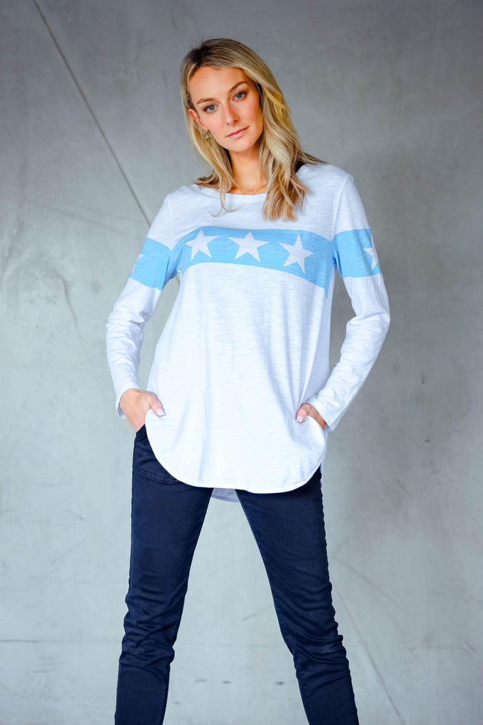 Marjorie Star Stripe LS Tee - White/Pacific