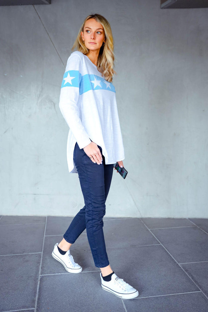 Marjorie Star Stripe LS Tee - White/Pacific