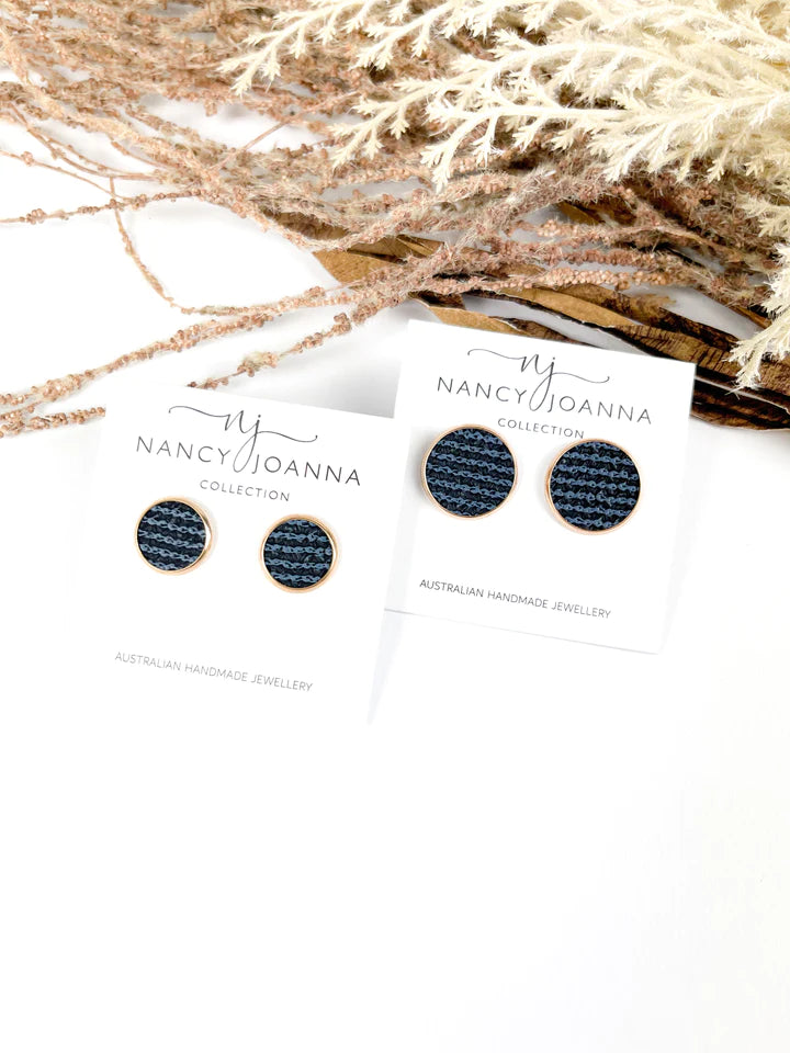 Navy Blue Textured Stripe Studs - Rose Gold/Small