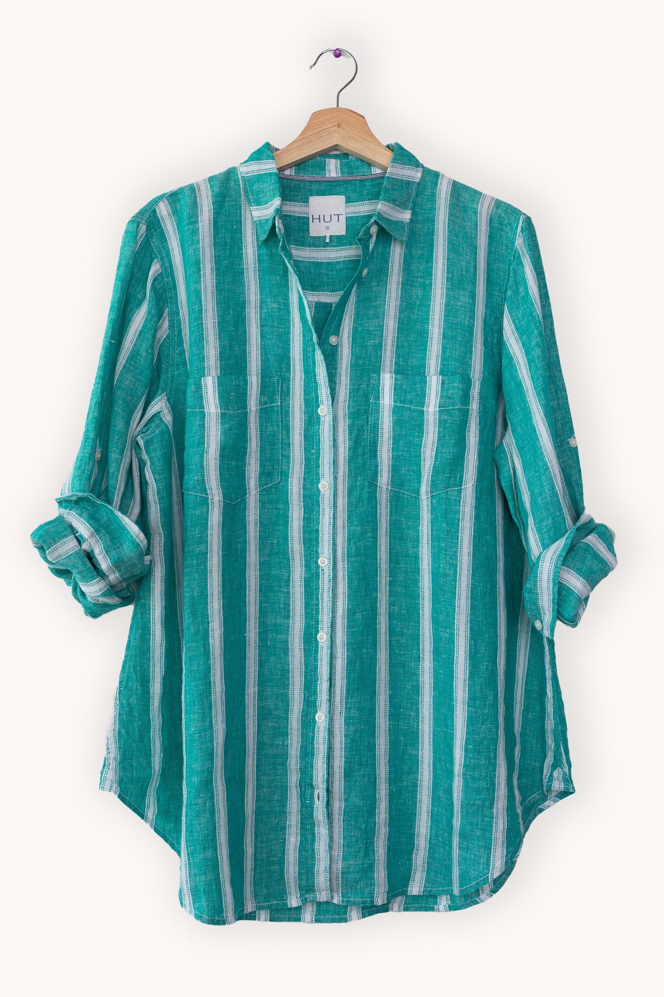Hut Boyfriend Shirt - Jade Ticking Stripe